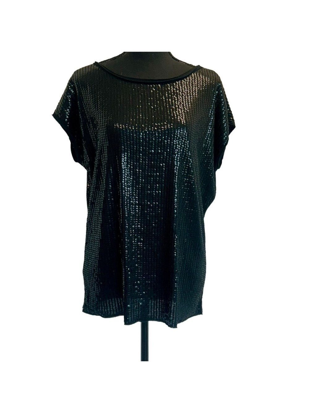 Tommy Bahama black sequin short sleeve blouse top Sz S